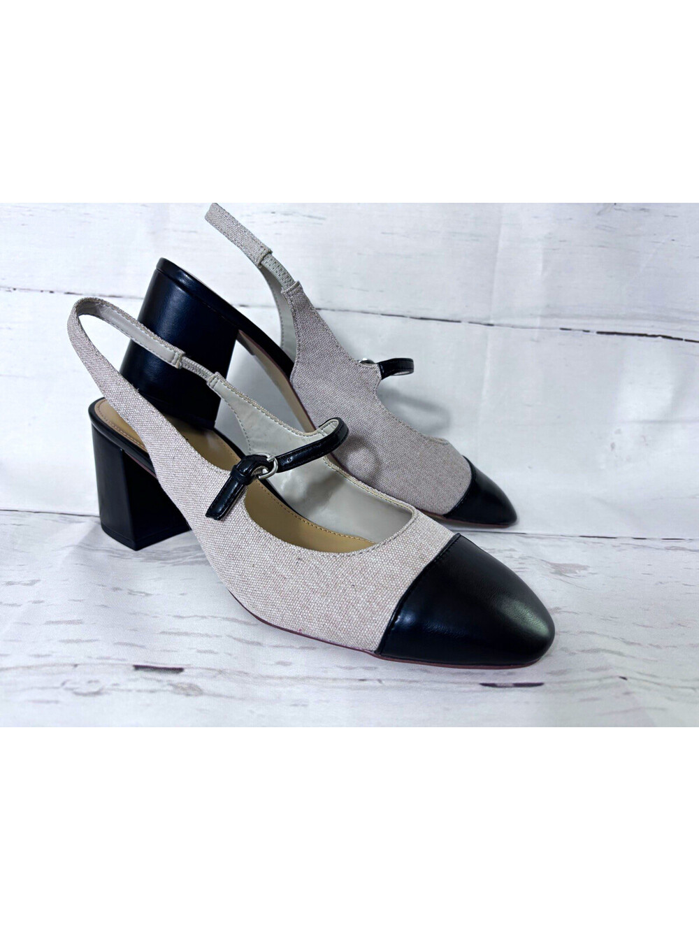 J. Crew Mary Jane Slingback Heels Cap Toe Block Heel Tweed Black Tan Sz 11